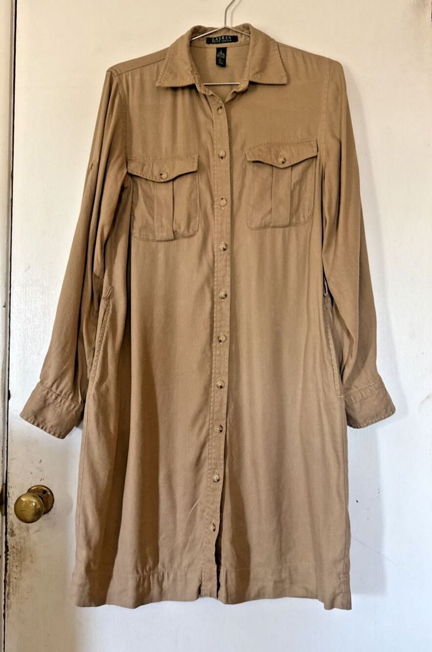 Lauren Ralph Lauren Linen Blend Safari Shirt Dress Button Khaki/Tan | Small